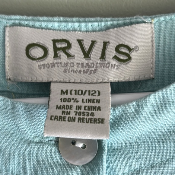 Orvis 100% Linen Shell Button Front Top Short Sleeves Green Size M 10-12 - Picture 3 of 4